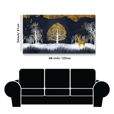 Midnight Golden Deer With Birds Scenery Premium Canvas Floating Frame Wall Painting