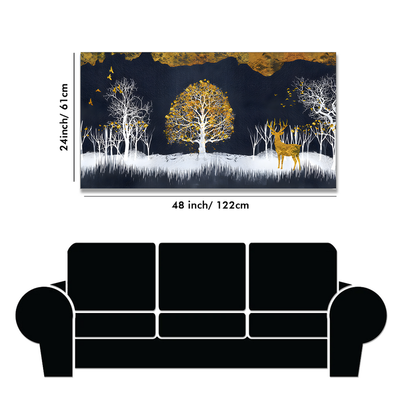 Midnight Golden Deer With Birds Scenery Premium Canvas Floating Frame Wall Painting