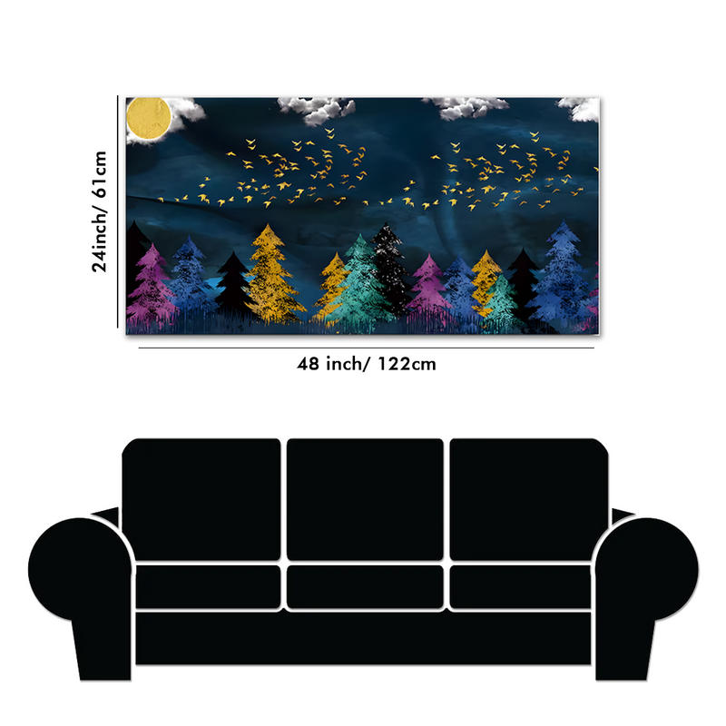 Golden Birds Flying over The Dark Forest Canvas Floating Frame Wall Painting