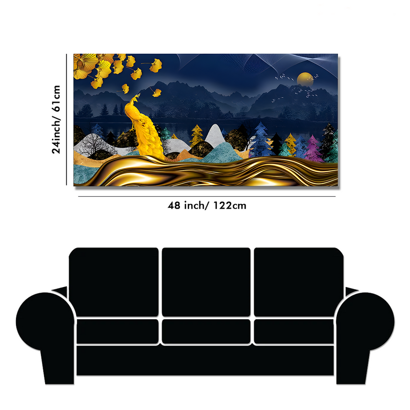 Golden Peacock in Dark Forest Premium Floating Frame Canvas Wall Painting