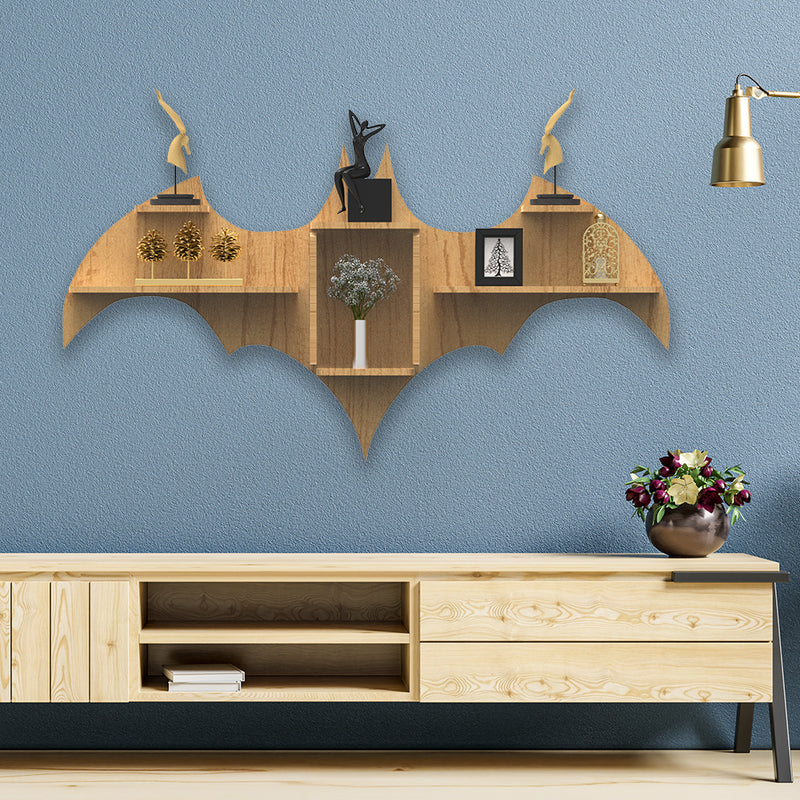 DECORGLANCE Bat Shape Wood Wall Shelf | Book Shelf | Oak Finish