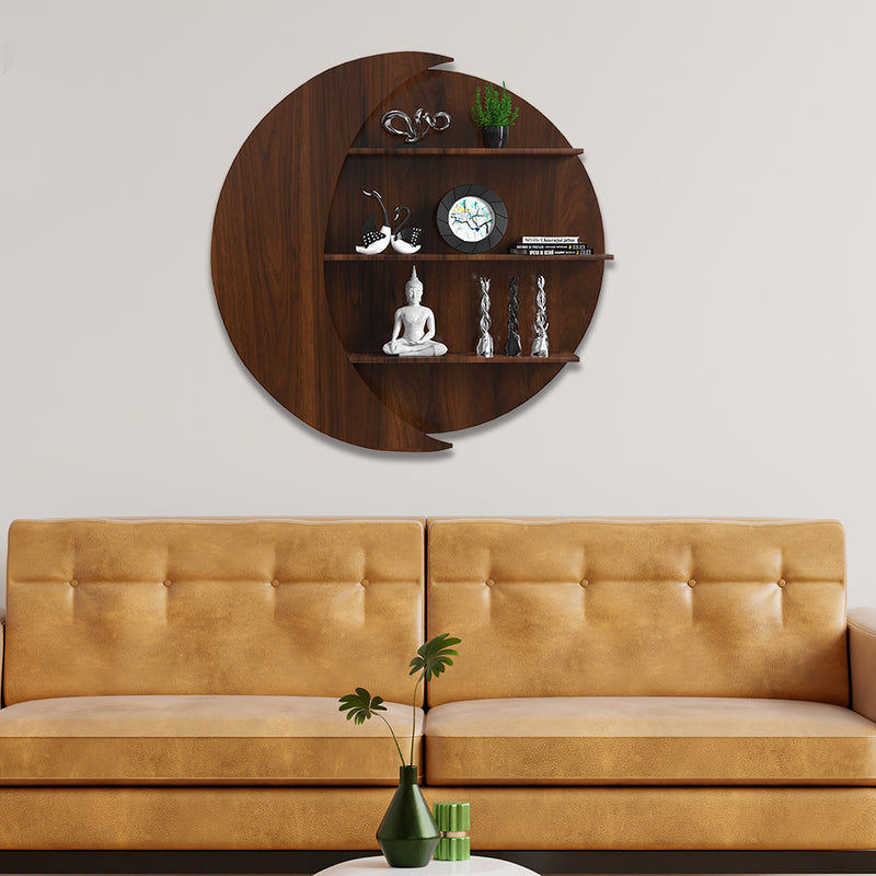 Moon Shape Wood Wall Shelf / Book Shelf, Walnut Finish