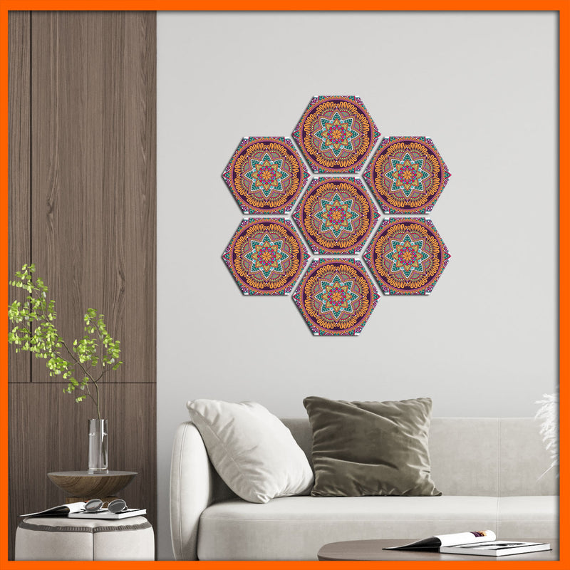 Colorful Mandala Flower Hexagonal Canvas Wall Painting - 7pcs