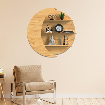 Moon Shape Wood Wall Shelf / Book Shelf, Oak Finish
