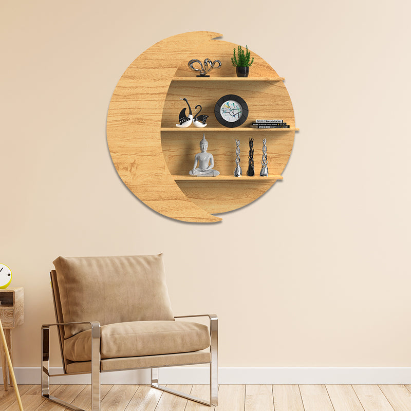 Moon Shape Wood Wall Shelf / Book Shelf, Oak Finish