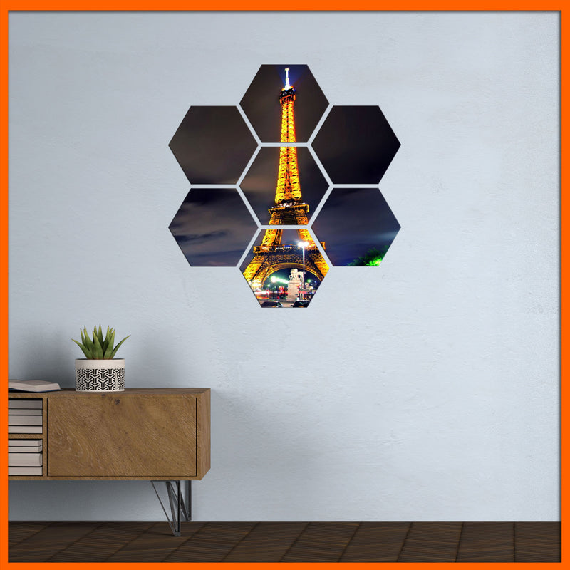 Eiffel Tower Night View Hexagonal Canvas Wall Painting - 7pcs