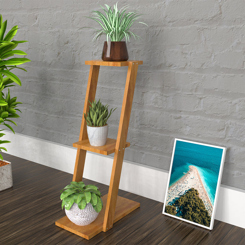 Oak Finish Wooden Large Three Planter Stand