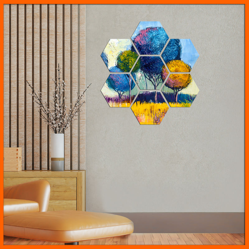 High On Happiness Colorful Artistic Tree Hexagonal Canvas Wall Painting - 7pcs