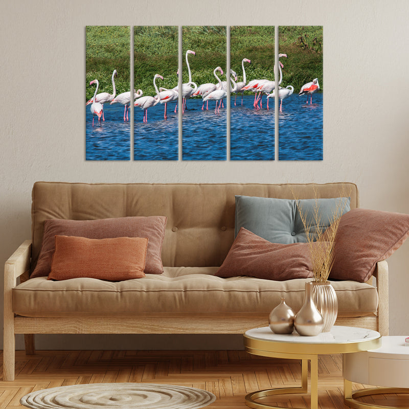 A Group of Flamingos In Water Canvas Wall Painting - With 5 Panel