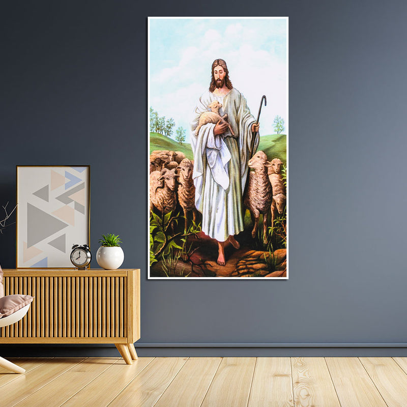 Jesus With Sheep Floating Canvas Wall Painting