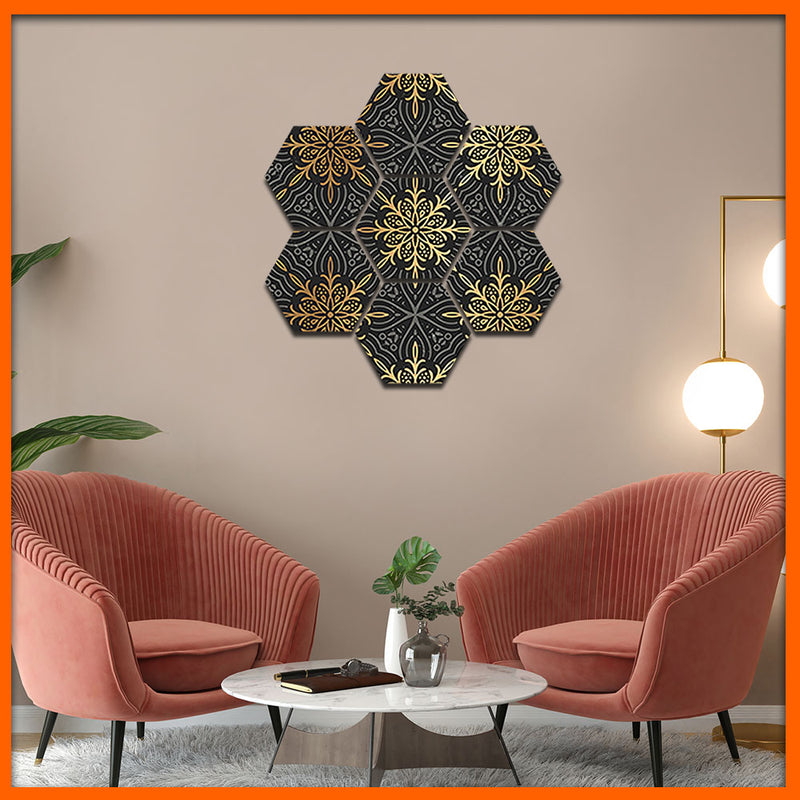 Mandala Golden Floral Pattern Hexagonal Canvas Wall Painting - 7pcs