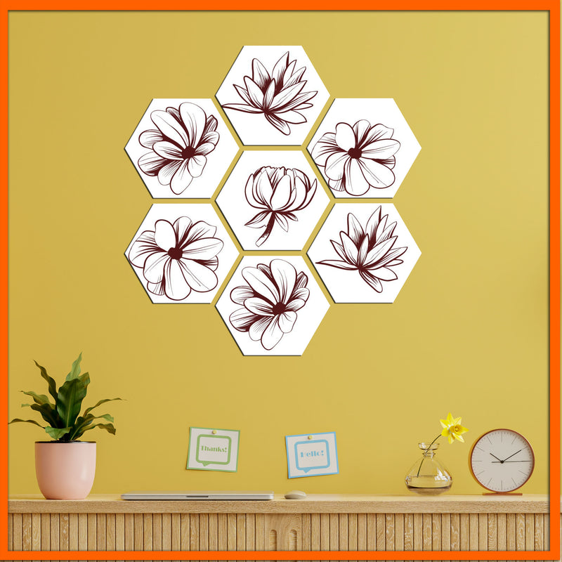 Brown Flowers Hexagonal Canvas Wall Painting - 7pcs