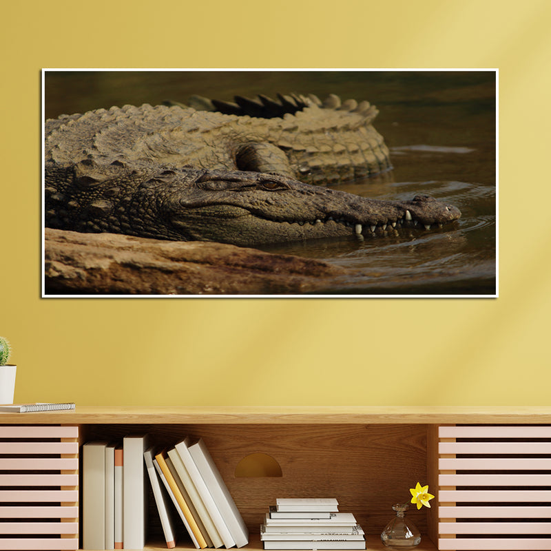 Crocodile In Water Canvas Floating Frame Wall Painting