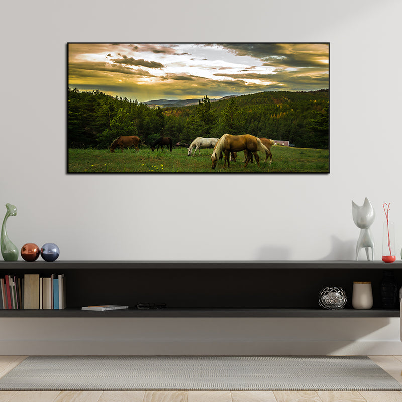 Horses Grazing On Mountain Landscape Floating Frame Canvas Wall Painting