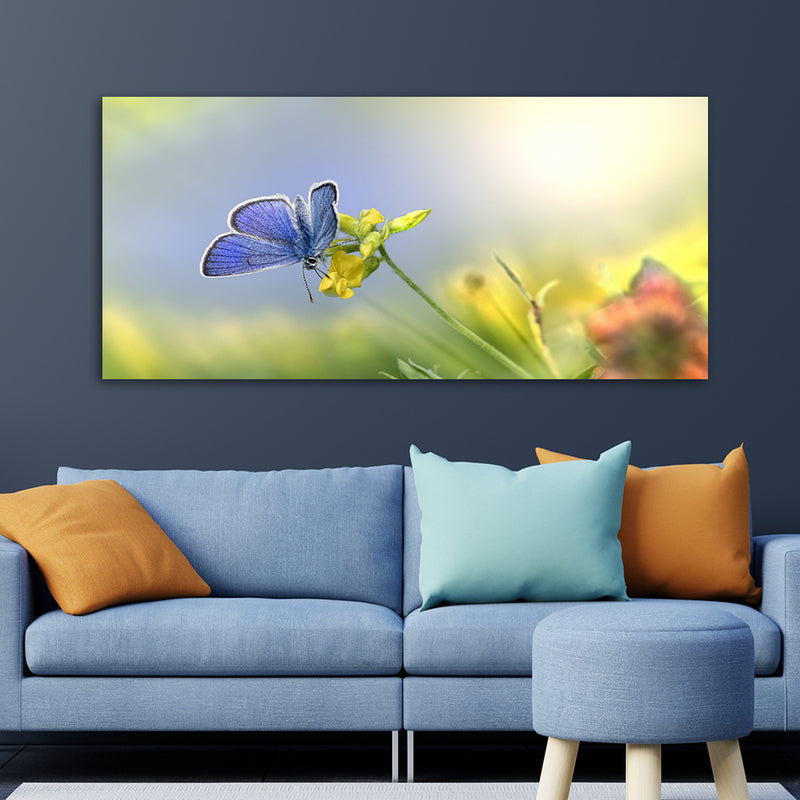 Blue Butterfly Sitting On Flower Canvas Wall Painting