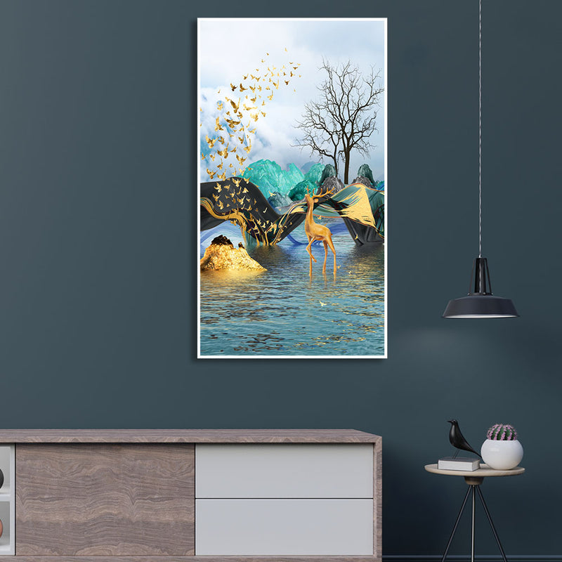 Golden Deer In Water View Floating Frame Canvas Wall Painting