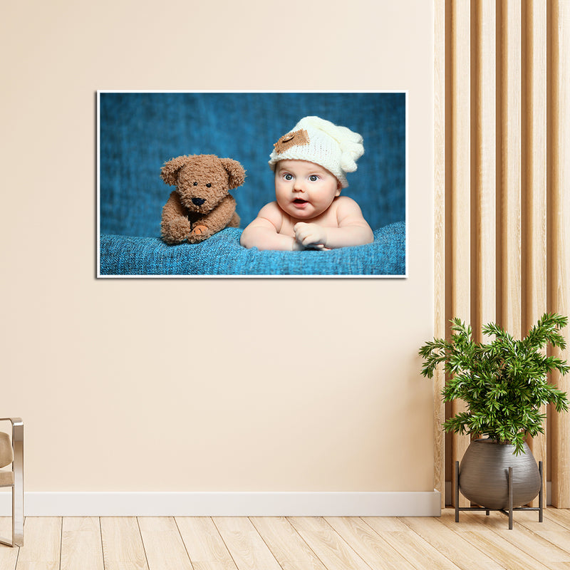 Cute Baby With Teddy Canvas Floating Frame Wall Painting