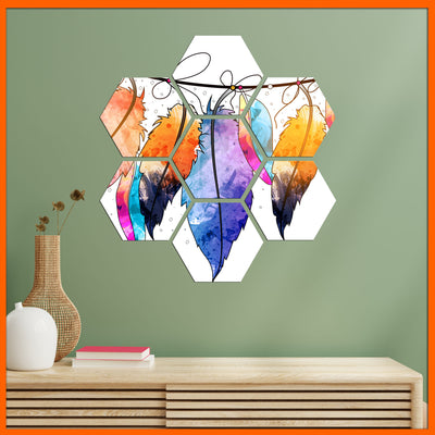 Boho Feather Design Hexagonal Canvas Wall Painting - 7pcs