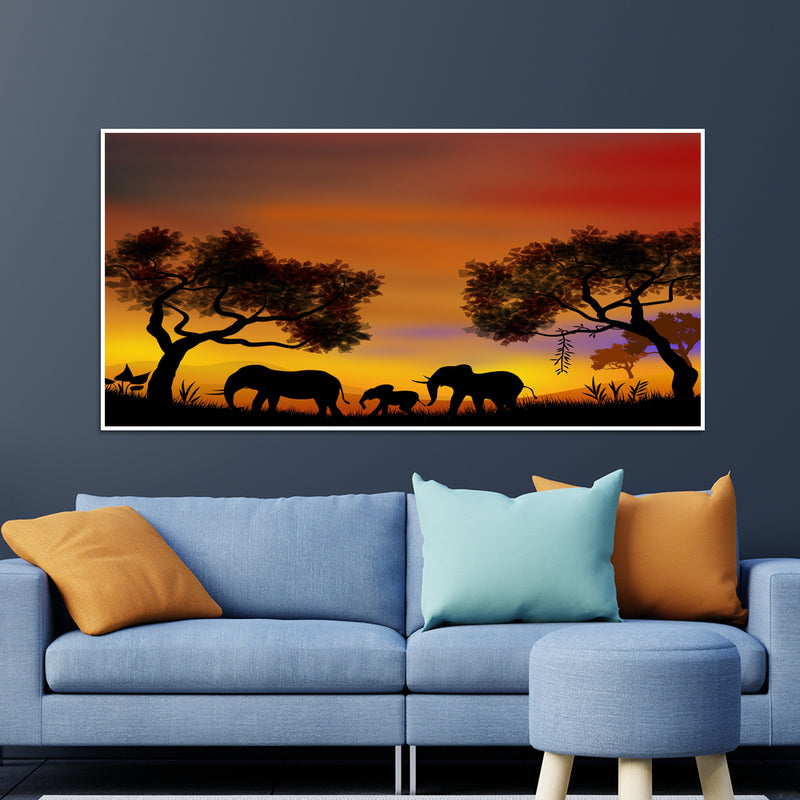 Elephant Family In Forest Floating Frame Canvas Wall Painting