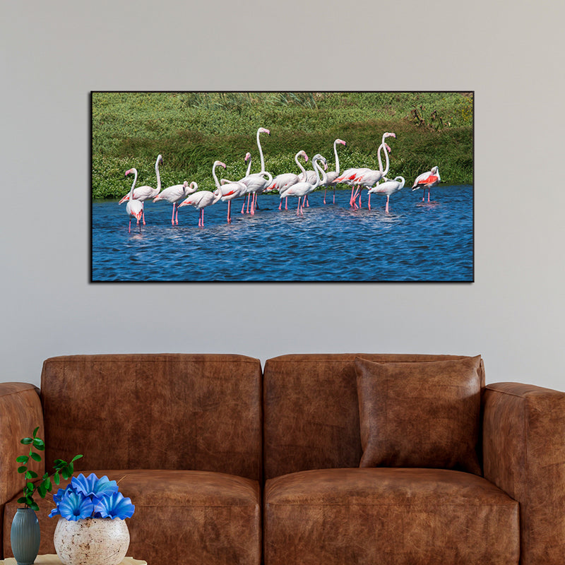 A Group of Flamingos In Water Canvas Floating Frame Wall Painting