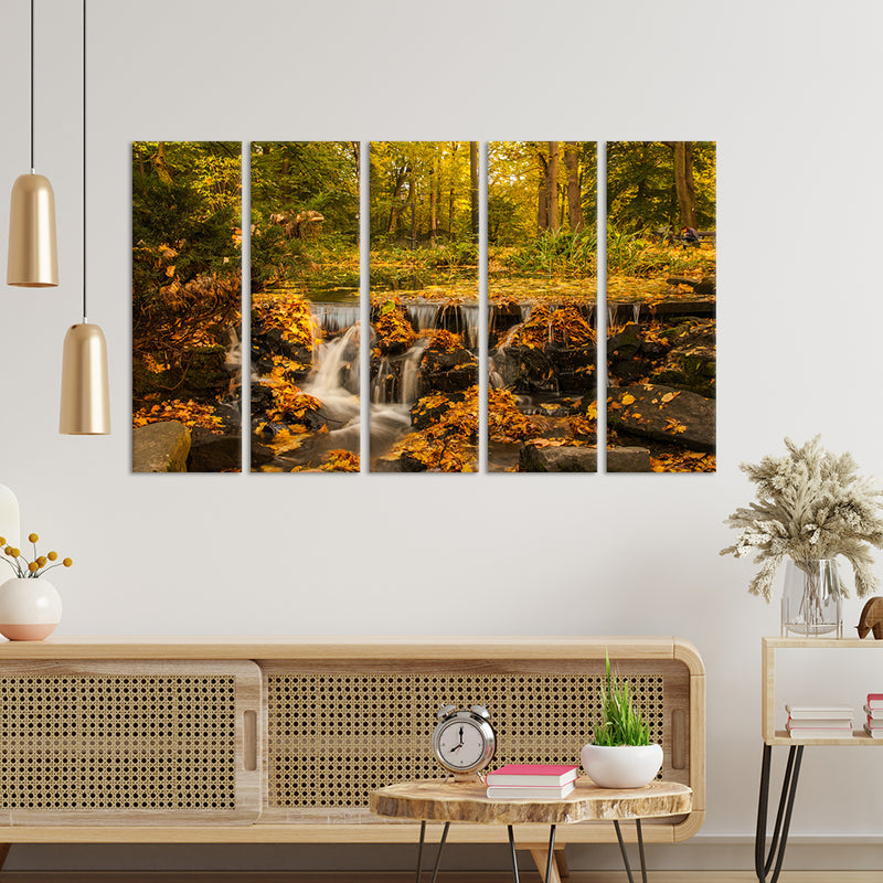 Autumn Season Waterfall Scenery Canvas Wall Painting - With 5 Panel