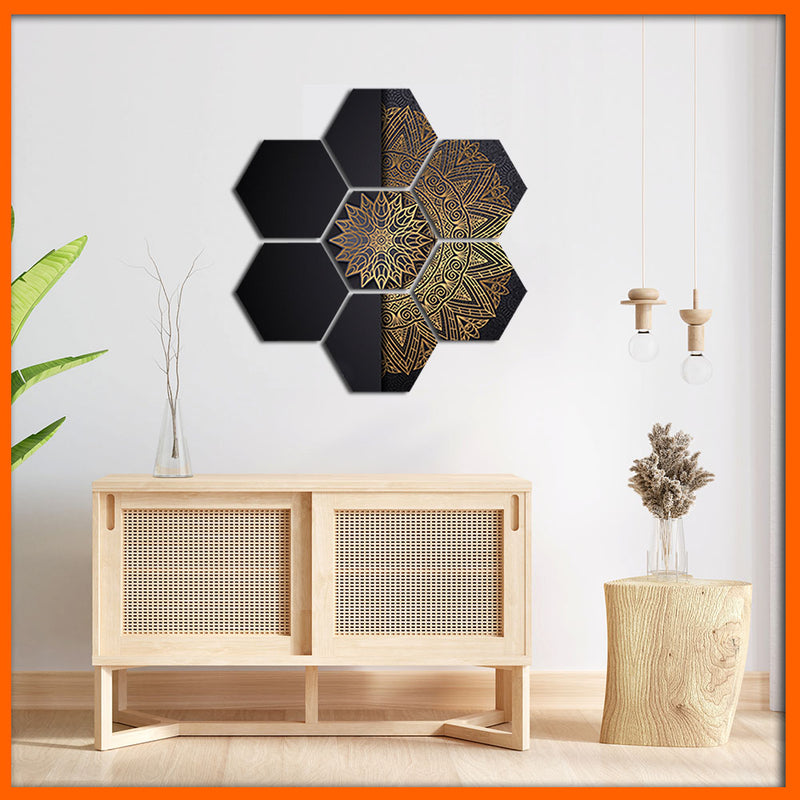 Beautiful Golden Half Flower Hexagonal Canvas Wall Paining - 7pcs
