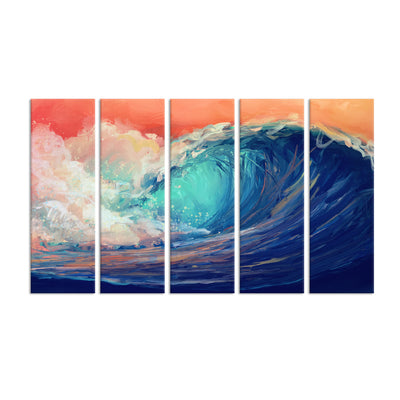 Colourful Sea Waves Canvas Wall Painting - With 5 Panel