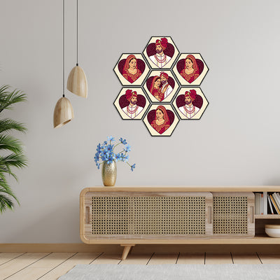 Bride & Groom Hexagonal Canvas Wall Painting - 7pcs