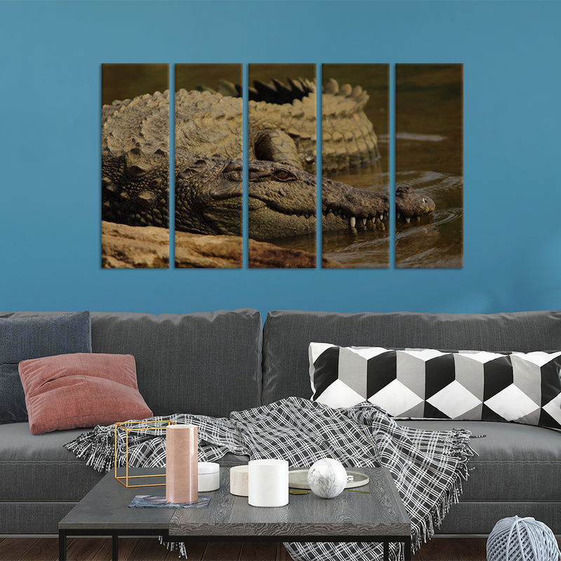 Crocodile In Water Canvas Wall Painting - With 5 Panel