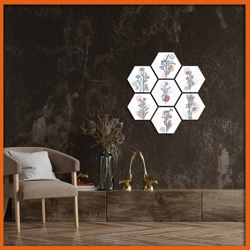 Different Illustrative Flower Hexagonal Canvas Wall Painting - 7pcs