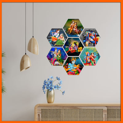 Multiple Radha Krishna Image Hexagonal Canvas Wall Painting - 7pcs