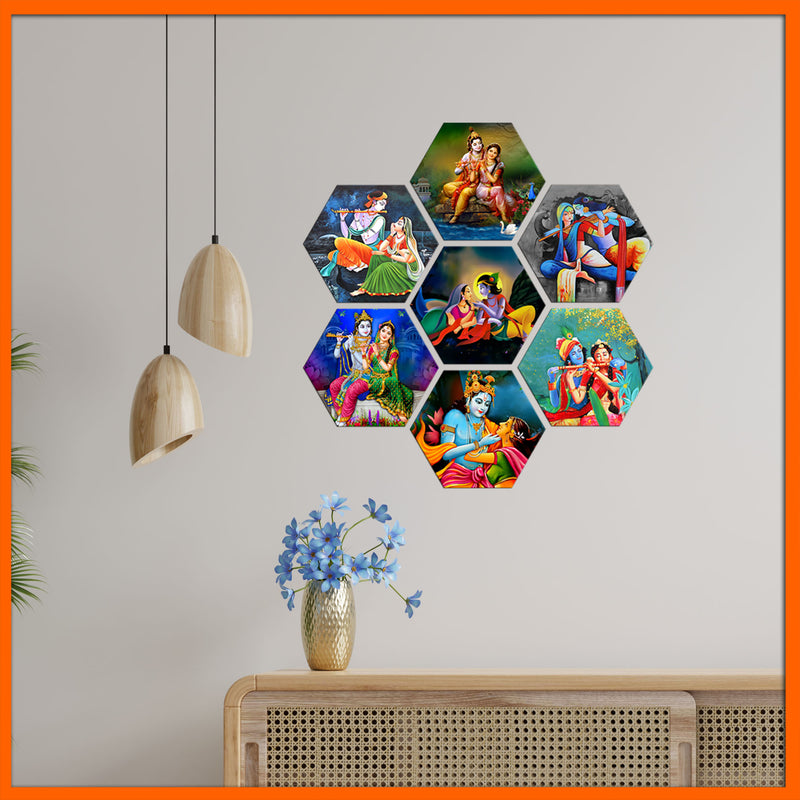 Multiple Radha Krishna Image Hexagonal Canvas Wall Painting - 7pcs