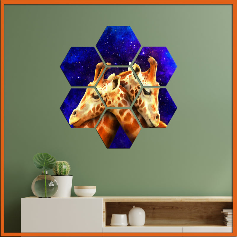 Couple Of Giraffe Hexagonal Canvas Wall Painting