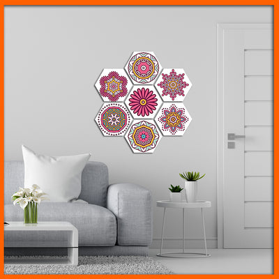 Multiple Pink Flower Hexagonal Canvas Wall Painting - 7pcs