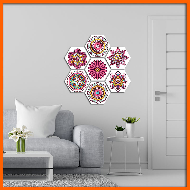 Multiple Pink Flower Hexagonal Canvas Wall Painting - 7pcs