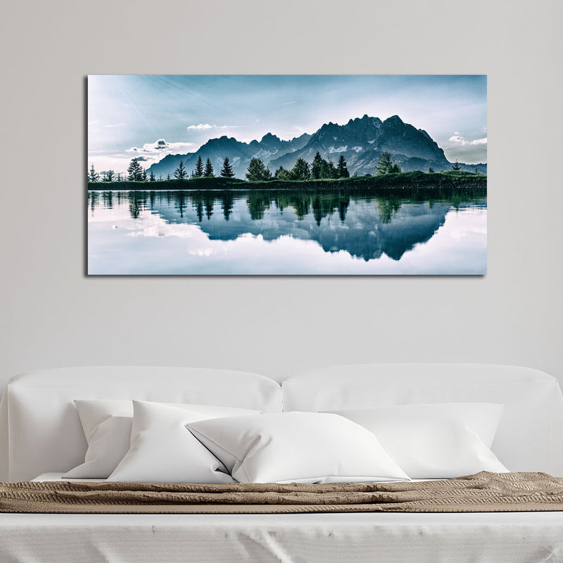 Beautiful Mountain & Tree Reflecting In Lake Canvas Wall Painting
