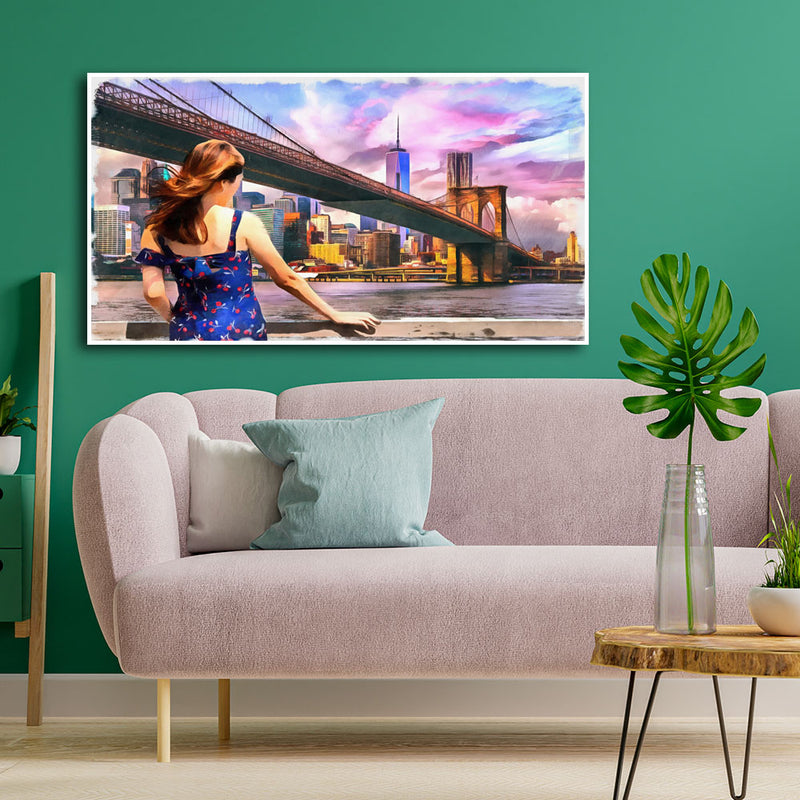 Girl Standing Into Brooklyn Bridge Canvas Floating Frame Painting