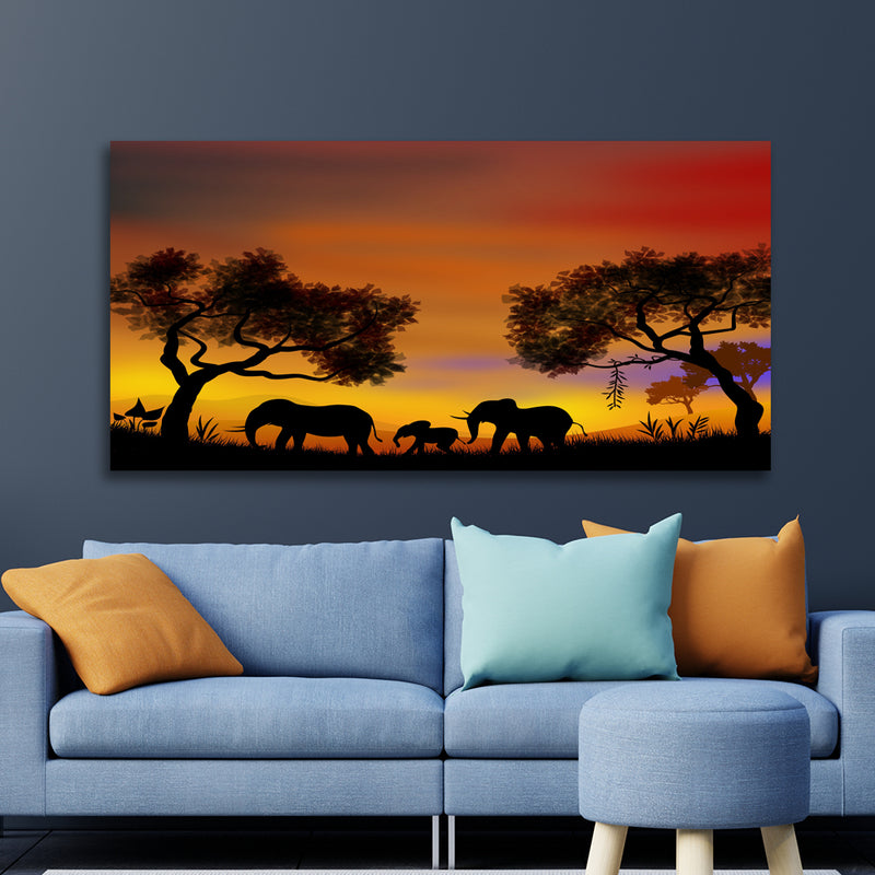 Elephant Family In Forest Canvas Wall Painting