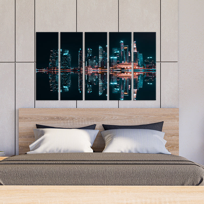 City Reflection At Night Canvas Wall Painting - With 5 Panel