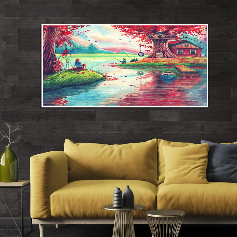 Oil Painting Village Scenery Canvas Floating Frame wall Painting