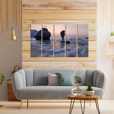 Huge Rock Sticking Out Of The Water Canvas Wall Painting - With 5 Panel