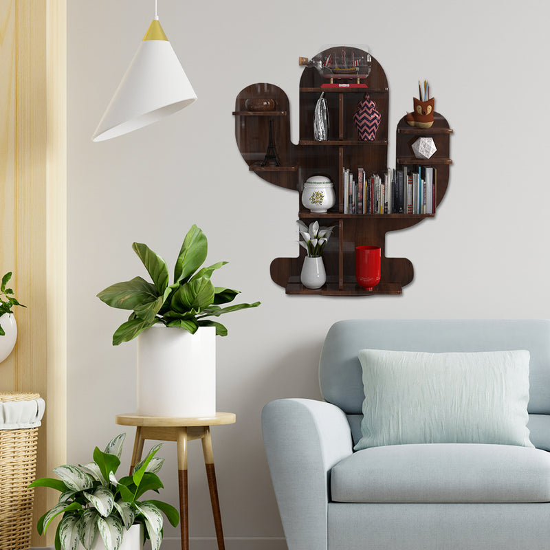 Cactus Shape Wood Wall Shelf / Book Shelf, Walnut Finish