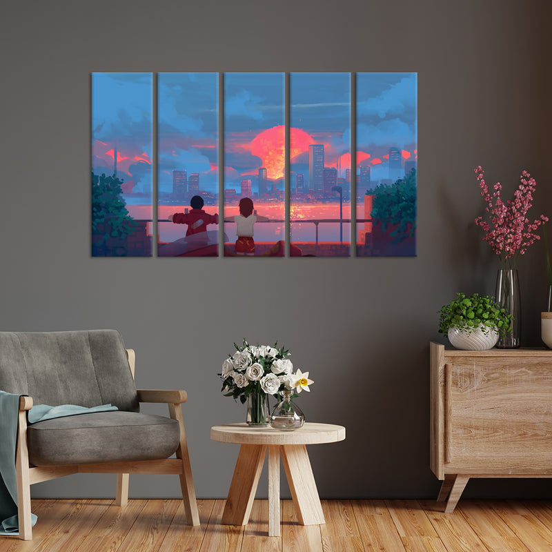 Couple Illustration Canvas Wall Painting - With 5 Panel