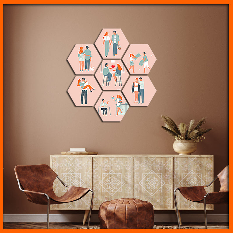 Couple Illustration Hexagonal Canvas Wall Painting - 7pcs