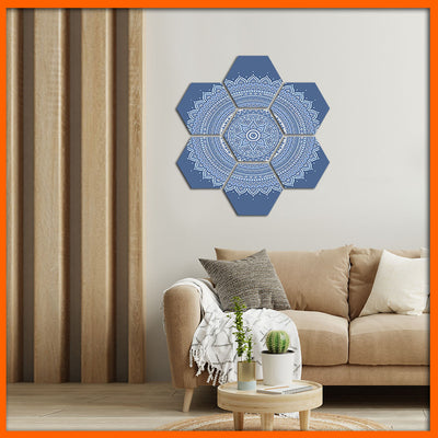 Blue Flower Mandala Hexagonal Canvas Wall Painting - 7pcs