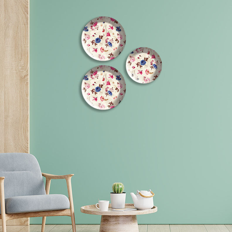 Beautiful Pink & Blue Floral Pattern Wall Plates Painting Set of Three