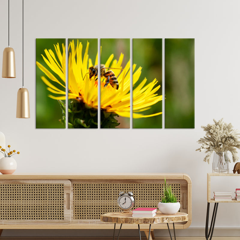 Bee On Sun Flower Canvas  Wall Painting - With 5 Panel