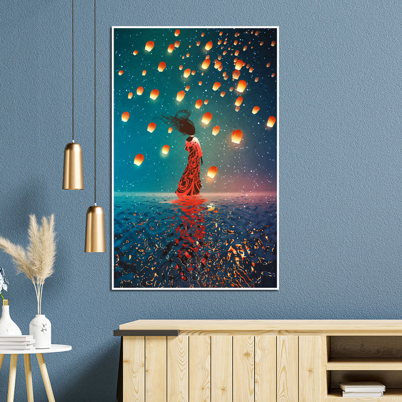 Girl With Sky Lanterns Floating Frame Canvas Wall Painting
