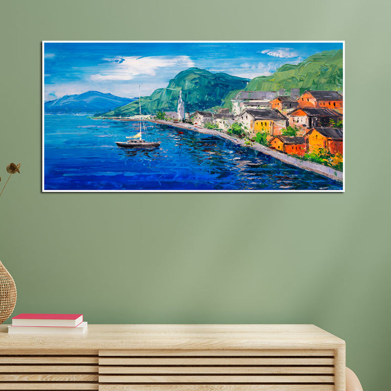 Mountains Near Blue Lake Artistic Scenery Canvas Floating Frame Wall Painting