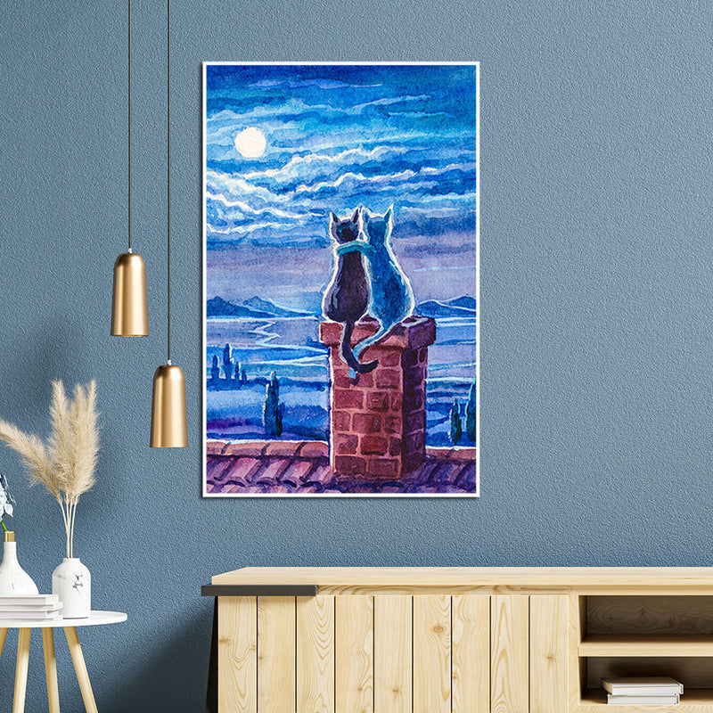 Cats Sitting On Roof Under Moonlight Floating Frame Canvas Wall Painting